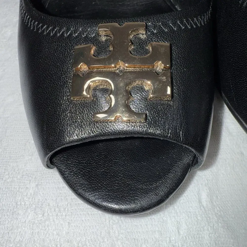 Tory Burch Jolie Peep Toe Black Leather Wedge Heel Preppy Career Formal Sz 9.5M